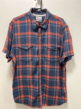 Timberland Men’s XL Slim Fit Plaid Short Sleeve Button Down Shirt Blue Orange